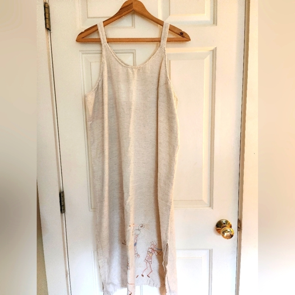 Linen Cotton Tank Dress Embroidered Dancing Tribal Print Artsy Size Xl Lagenlook